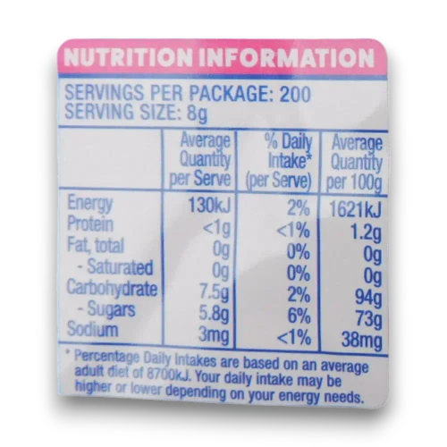 Nutritional information of Big Lolly - Little Red Heart Pops (1.6kg bag | ~200 x 8g pcs)