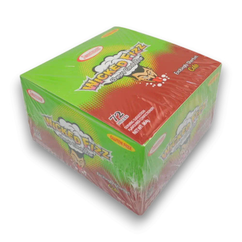 Sweetmans Wicked Fizz Cola display unit of 72 sherbet filled chew candy bars, available at The Professors Online Lolly Shop.