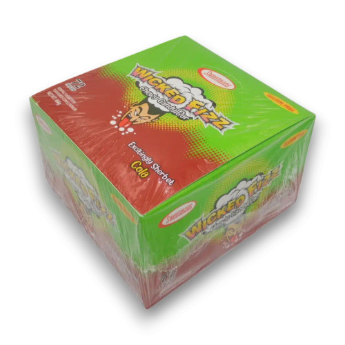Sweetmans Wicked Fizz Cola 864g display unit, a sherbet filled chew candy bar box at The Professors Online Lolly Shop.