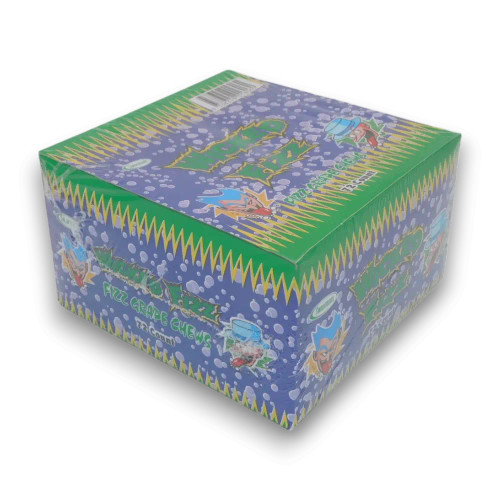 Wicked Fizz Grape sherbet-filled chew candy packaging with 72 pieces per display unit, available at The Professors Online Lolly Shop Wicked Fizz Grape sherbet-filled chew candy packaging with 72 pieces per display unit, available at The Professors Online Lolly Shop