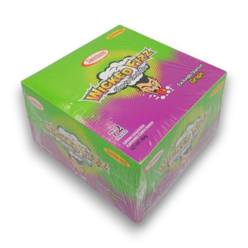 Sweetmans Wicked Fizz Grape display unit of 72 sherbet filled chew candy bars, available at The Professors Online Lolly Shop.