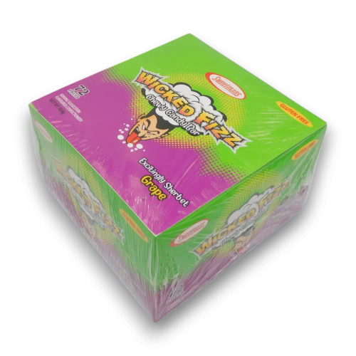 Sweetmans Wicked Fizz Grape 864g display unit, a sherbet filled chew candy bar box at The Professors Online Lolly Shop.