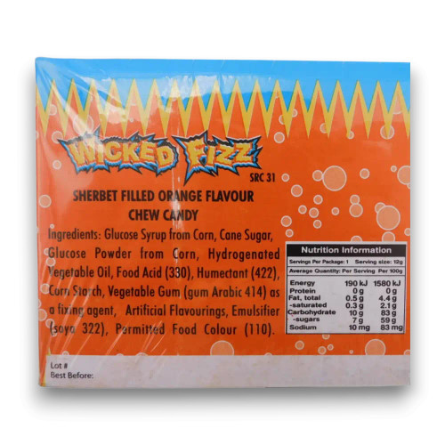 Ingredients and nutrition breakdown for Wicked Fizz Orange Chew Bars by Sweetmans, perfect for retail and snack lovers