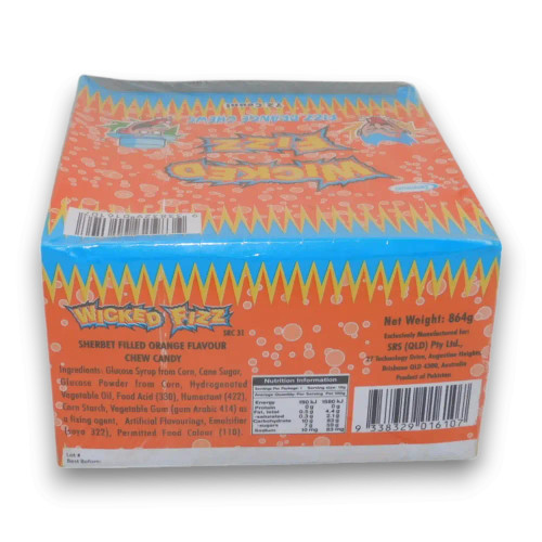 Wicked Fizz Orange 72pc display unit – sherbet-filled chew bars, available at The Professors Online Lolly Shop
