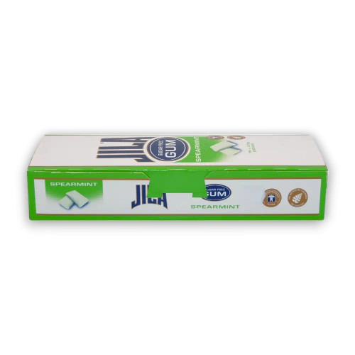 JILA Sugar Free Gum Spearmint box, showcasing the Swiss Dental Federation’s Happy Tooth certification.