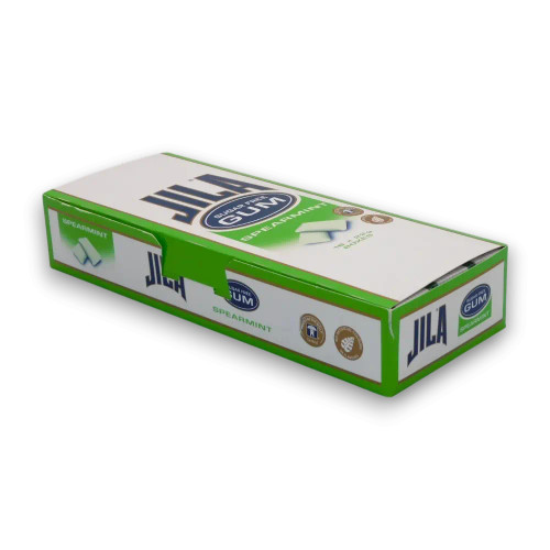 JILA Sugar Free Gum Spearmint box with 18 x 22g packs, displaying refreshing spearmint flavour and compact design.