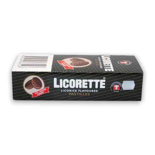 Licorette Sugar-Free Licorice Pastilles packaging 18 x 25g, perfect for retailers and licorice lovers alike.