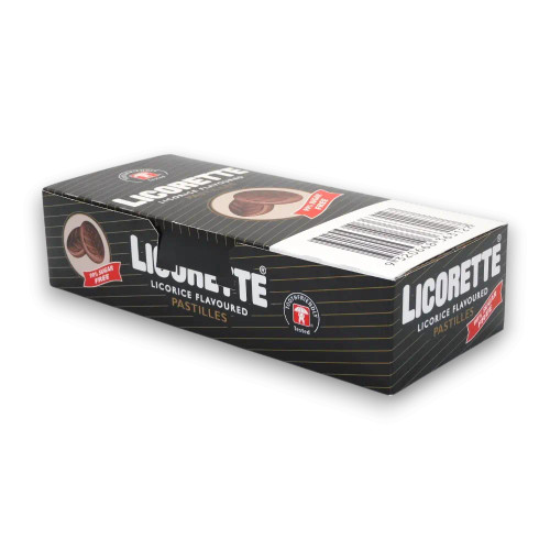 Licorette Sugar-Free Licorice Pastilles 18 x 25g boxes, showcasing licorice-flavoured pastilles with a convenient click-shut design.