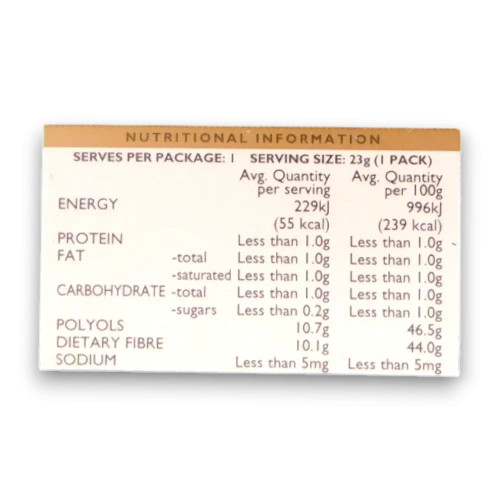 Licorette Sugar-Free Licorice Pastilles 18 x 25g box, highlighting nutritional information and ingredients.