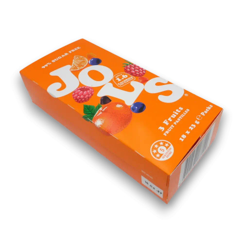 Jols Sugar Free Pastilles 3 Fruits 18 x 23g packs, boxed fruit pastilles with mixed fruit flavours, available at The Professors