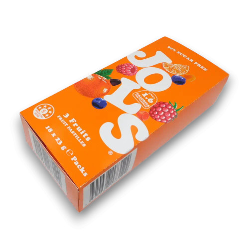 Jols Sugar Free 3 Fruits Pastilles 18 x 23g packs, retail display box, available at The Professors Online