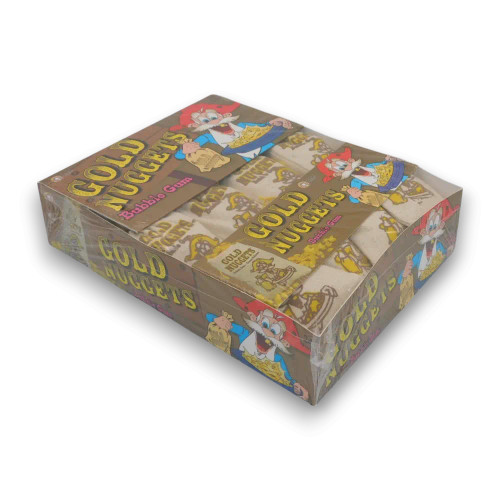 Gold Nugget Bubble Gum display box featuring 24 pouches in vibrant packaging, available at The Professors Online Lolly Shop