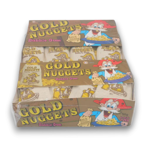Gold Nugget Bubble Gum display box with 24 gold-themed bubble gum pouches, available at The Professors