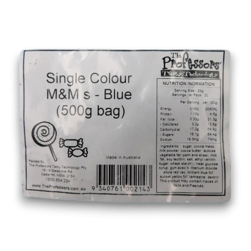 Single Colour M&M’s - Blue (500g Bag) label showing product details and nutritional information.