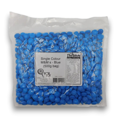 Single Colour M&M’s - Blue (500g Bag), bright blue chocolates inside, available at The Professors Online Lolly Shop.