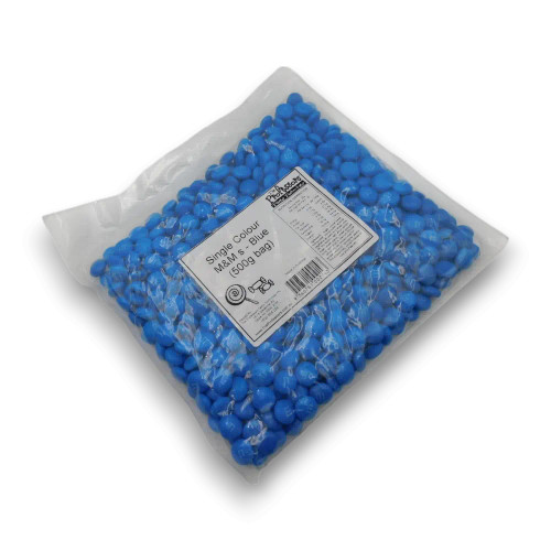 Single Colour M&M’s - Blue (500g Bag) with clear packaging and product label, available at The Professors Online Lolly Shop.