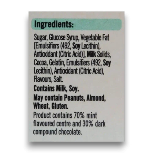 Ingredients list of Nestle Mint Pattie 48 x 20g box, available at The Professors Online Lolly Shop.