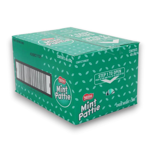 Nestle Mint Pattie 48 x 20g bulk box featuring mint-flavoured centre with dark chocolate coating, available at The Professors. Nestle Mint Pattie 48 x 20g bulk box featuring mint-flavoured centre with dark chocolate coating, available at The Professors.
