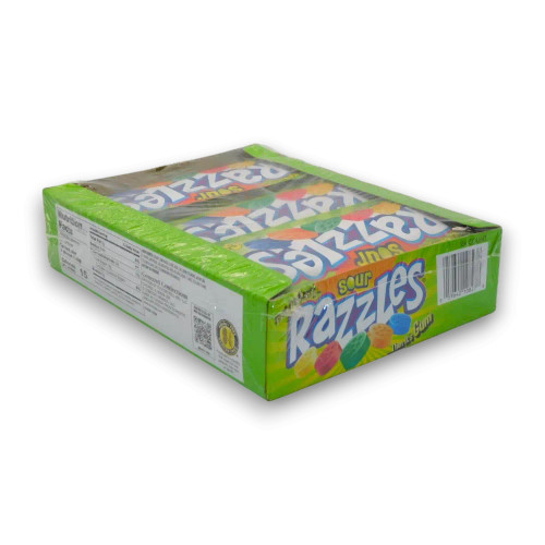 Razzles Sour candy and gum packets in a 24-count display box with fruit flavours, available at The Professors Online Lolly Shop.