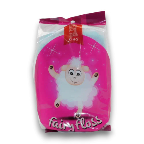 The Fairy Floss King 65g bag in blue, featuring fluffy cotton candy with Frozen and Unicorn themes. The Fairy Floss King 65g bag in blue, featuring fluffy cotton candy with Frozen and Unicorn themes.