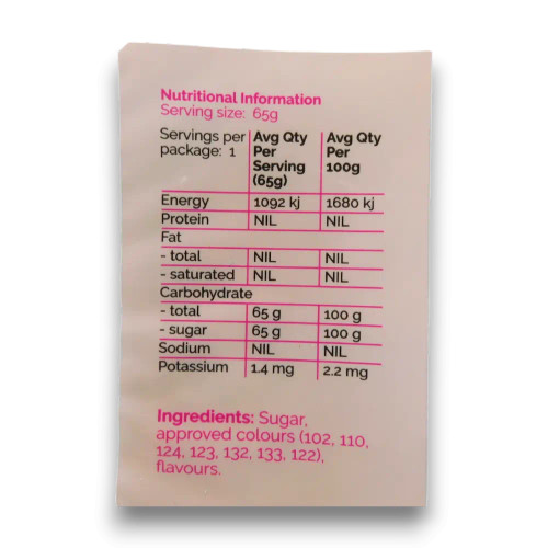 Nutritional information panel of The Fairy Floss King blue fairy floss bag.