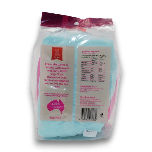 The Fairy Floss King blue fairy floss 65g bag, showing nutritional information, perfect for parties, available at The Professors.