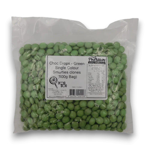 Choc Drops in green, a 500g bulk bag of single colour Smarties clones, available at The Professors Online Lolly Shop
