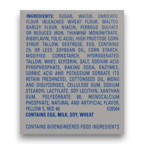 Ingredients list of Hostess Twinkies Original 10-pack box.