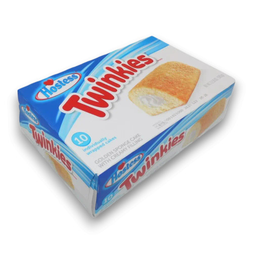 Hostess Twinkies packaging, showcasing shelf-ready snack cakes, offered at The Professors Online Lolly Shop.