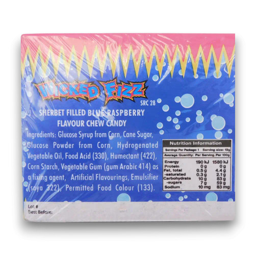 Nutritional label for Wicked Fizz Blue Raspberry bars, highlighting ingredients and key nutritional details, available at The Professors