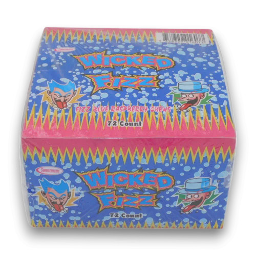 Wicked Fizz Blue Raspberry display box, featuring 72 sherbet-filled chew bars, available at The Professors Online Lolly Shop