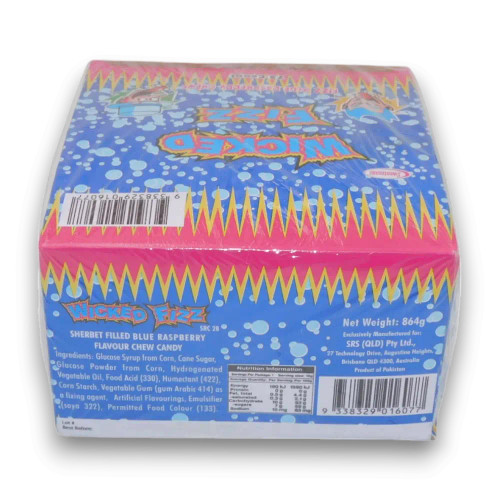 Wicked Fizz Blue Raspberry chew bars in a 72-piece display box, perfect for events and retail, available at The Professors