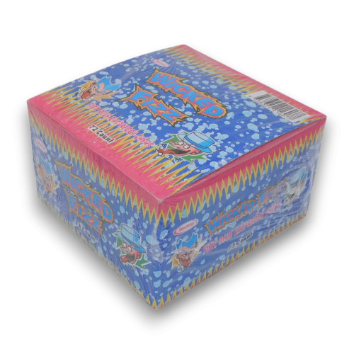 Wicked Fizz Blue Raspberry candy display, containing 72 individually wrapped bars, available at The Professors Online Lolly Shop.