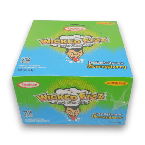 Sweetmans Wicked Fizz Blue Raspberry 72 piece display box showing blue raspberry chew bars at The Professors Online Lolly Shop.