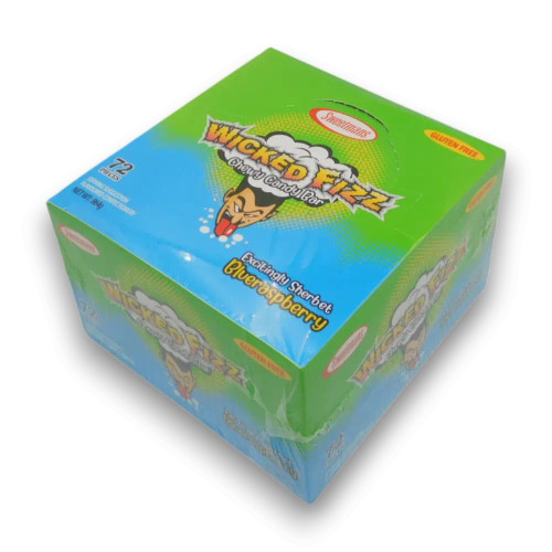 Sweetmans Wicked Fizz Blue Raspberry 864g display unit, a sherbet filled chew candy bar box at The Professors Online Lolly Shop.
