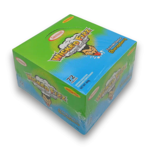 Sweetmans Wicked Fizz Blue Raspberry display unit of 72 sherbet filled chew candy bars, available at The Professors Online Lolly Shop.