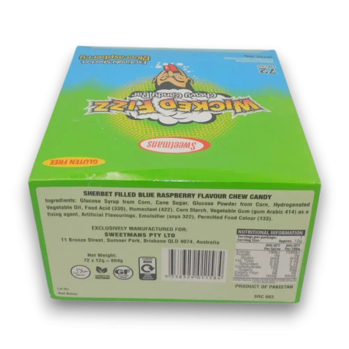 Sweetmans Wicked Fizz Blue Raspberry display box with 72 piece count and gluten free label, at The Professors Online Lolly Shop.