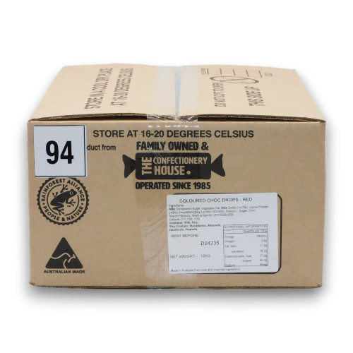 Choc Drops - Red (12kg box), displaying clear labelling and quality assurance, available at The Professors Online Lolly Shop.