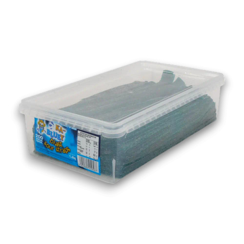 Sour Straps Ka-Bluey 200-piece display unit, with clear packaging displaying tangy blue sour straps.