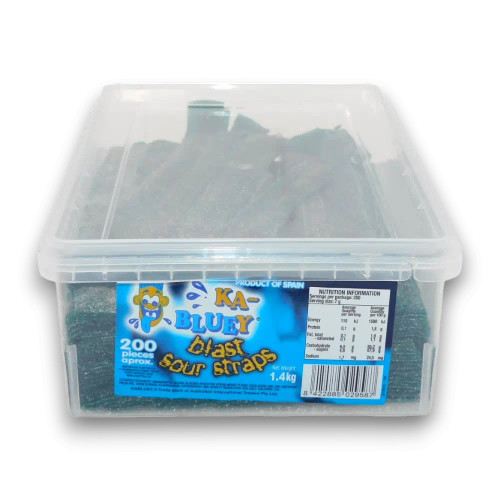 Sour Straps Ka-Bluey 200-piece display unit in a resealable container, showcasing blue sour straps.