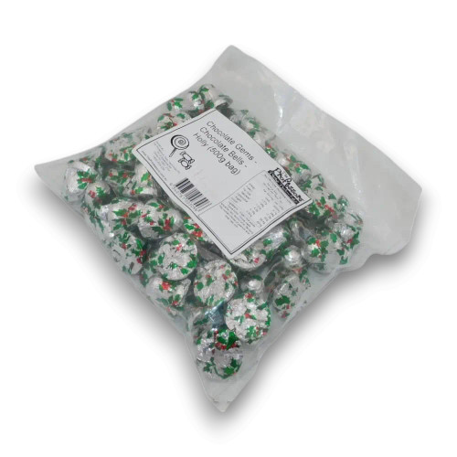 Chocolate Gems - Chocolate Bells - Holly (500g bag) with holly-themed wrapping, ideal for holiday baking and gifting