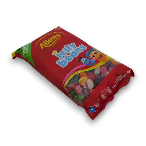Allens Jelly Beans 1kg bag showing mixed fruit jelly beans in bulk packaging, available at The Professors Online Lolly Shop.