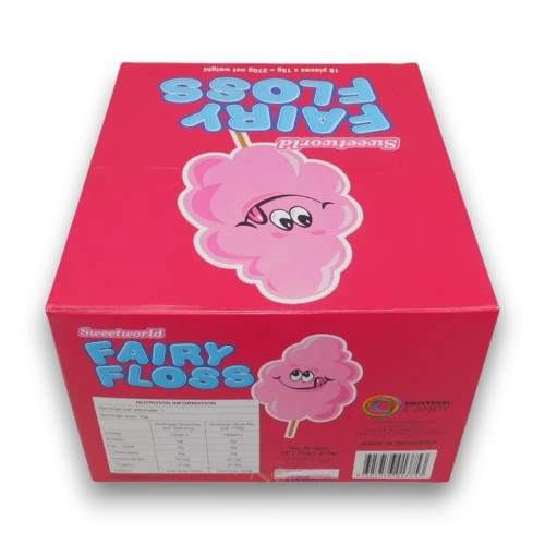 Sweetworld Fairy Floss Strawberry display box side view showing strawberry fairy floss branding