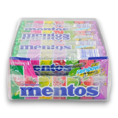 Mentos Rainbow rolls in sour fruity flavours, including watermelon and green apple, displayed in bulk packaging.