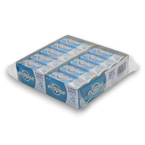 Eclipse Chewy Mints Peppermint 27g x 20 tins display box with bold branding, showcasing freshness and portability.