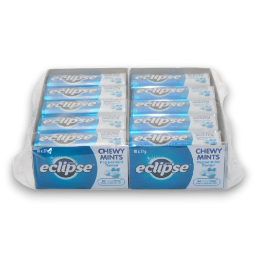 Eclipse Chewy Mints Peppermint 27g tins in a bulk display unit, highlighting the peppermint flavour and convenient design.