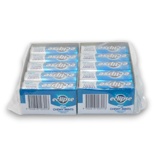 Eclipse Chewy Mints Peppermint 27g tins in bulk packaging, perfect for retail stores or personal use, available at The Professors .