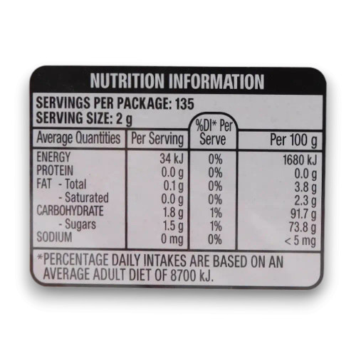 Nutritional information of Eclipse Chewy Mints Peppermint 27g 20-tin display unit, available at The Professors.
