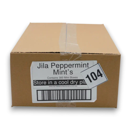 Jila Mini Mint Packs 300pc bulk box showcasing peppermint-flavoured mints by Ferndale Confectionery.