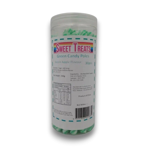 Sweet Treats Green Apple Candy Poles 540g jar with 30 striped hard candy poles available at The Professors Online Lolly Shop.